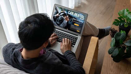 Poster - car rental website on computer screen for tourist to rent a car for transportation snugly