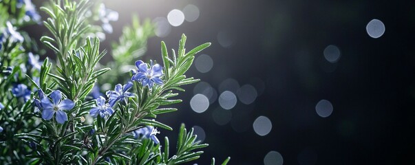 Poster - Beautiful rosemary blooms with delicate blue flowers against a dark backdrop with bokeh