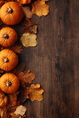 Aufkleber - Rustic wooden table adorned with a festive display of pumpkins and vibrant autumn leaves