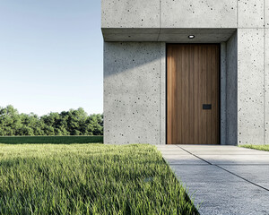 Aufkleber - Modern architectural design of a minimalist concrete building with a wooden door, surrounded by grass and trees, representing simplicity and contemporary style in landscaping