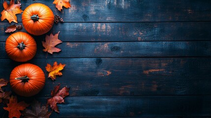 Aufkleber - Three pumpkins rest on a dark wooden background, encircled by vibrant maple leaves and pine cones, providing a blank space for text