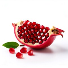 Poster - Ripe pomegranate fruit with some seeds and leaves isolated on white background