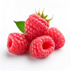 Poster - Fresh, red raspberries featuring vibrant color, crisp green leaf, white backdrop