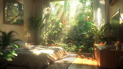 Canvas Print - Sunlit bedroom, lush garden view, tranquility, home interior, relaxation