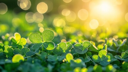 Poster - Sunlit clover field, spring sunrise, nature background, idyllic scene, ideal for greeting cards