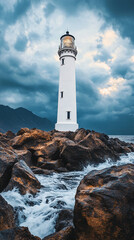 Poster - A lighthouse standing on rocky shores with waves crashing against it, under a dramatic sky. Symbolizing strength, guidance, and resilience amidst stormy weather.