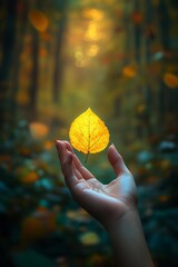 Poster - Woman is releasing a golden leaf from her hand in a forest filled with fall colors
