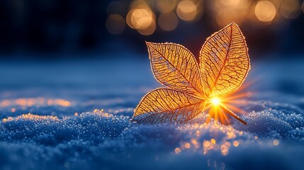 Poster - Sunlit leaf in winter snow, sunset bokeh background; nature scene