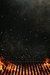 © Alexej - Close-up of an empty steel barbecue grill grate with flames, sparks, and smoke against a black backdrop, conveying the cooking concept