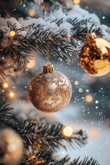 Aufkleber - Christmas tree branch covered in snow with hanging baubles and glowing lights