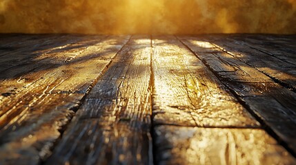 Poster - Sunlit rustic wooden planks, textured background. Product display