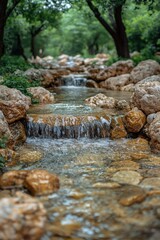 Wall Mural - Serene stream flowing through rocky landscape in a lush forest during daytime