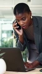 Poster - Business, phone call and black woman in office, laptop and communication for schedule. African person, lawyer and employee in workplace, cellphone or pc for evidence, email and planning with research