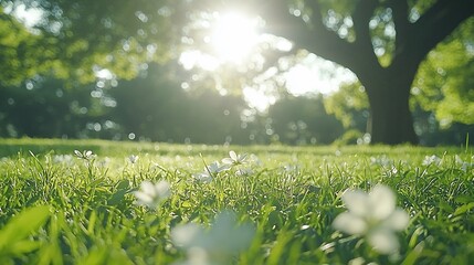 Poster - Sunny park, flowers, grass, tree, nature, peaceful scene, website banner
