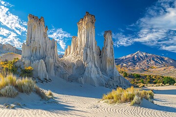 Wall Mural - Majestic rock formations shaped wind and time under a clear blue sky with rippling sand dunes in the foreground