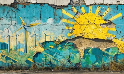 Wall Mural - Cracked concrete wall with a vibrant mural of renewable energy symbols, representing urban environmental awareness, sharp contrasts and vibrant colors