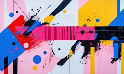 Wall Mural - Creative abstract art piece with vibrant paint splatters and bold geometric patterns on a textured canvas, showcasing originality