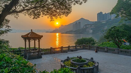 Canvas Print - Sunset over Hong Kong bay, pavilion, cityscape