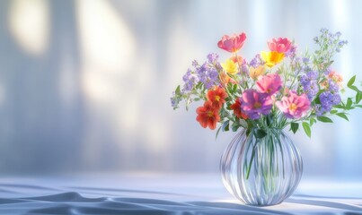 Wall Mural - Elegant glass vase with vibrant wildflowers, soft lighting and pastel tones adding a touch of romance and simplicity