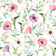 Wall Mural - seamless floral pattern with pink, purple, blue, and white flowers on a white background. vector flo