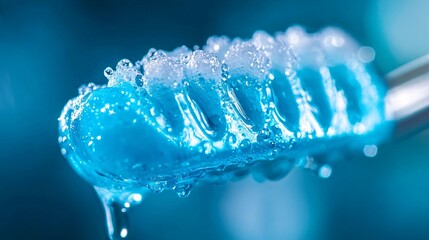 Poster - Blue toothbrush covered in refreshing water droplets is dripping
