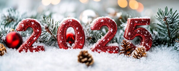 Poster - Red glitter numbers 2025 decorated with pine branches for new year celebrating