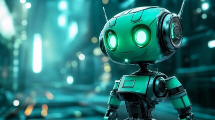 Aufkleber - Cute robot standing in futuristic city with glowing lights