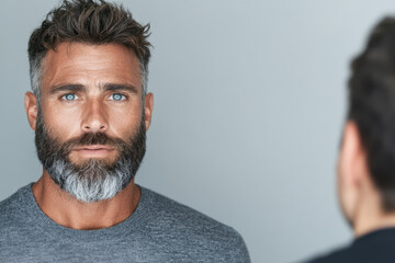 A man with a beard and a blue shirt is looking at the camera