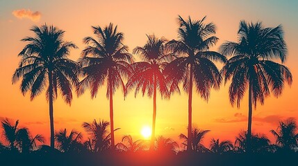 Wall Mural - Tropical sunset silhouette; palm trees, ocean background; travel brochure