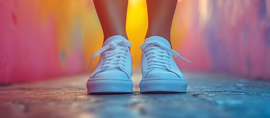 Wall Mural - A close-up of white sneakers on a colorful urban pathway at sunset, creating a vibrant scene