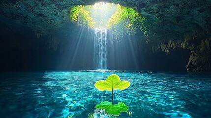 Poster - Tropical Waterfall Cave Pool, Sunlight Rays, Plant