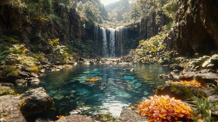 Poster - Tropical waterfall cascades into tranquil pool; lush jungle backdrop; serene nature scene; travel brochure