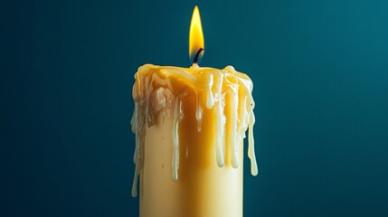 Poster - White candle slowly burning with flowing wax on blue background