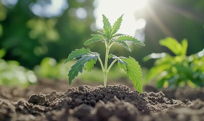 Wall Mural - Young cannabis sprout in garden soil