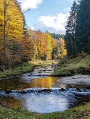 Poster - Autumn landscape with a calm stream flowing through colorful trees under a clear blue sky : Generative AI