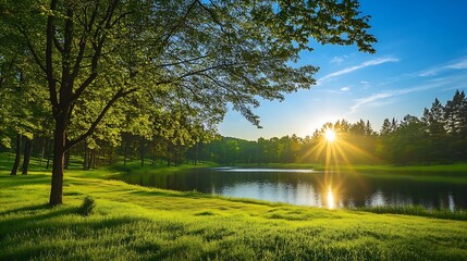 Poster - Serene Lake with Sunlight and Green Trees in Beautiful Landscape at Sunrise : Generative AI