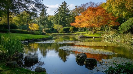 Aufkleber - Vibrant Autumn Landscape Featuring Colorful Trees Reflected in a Peaceful Garden Pond : Generative AI