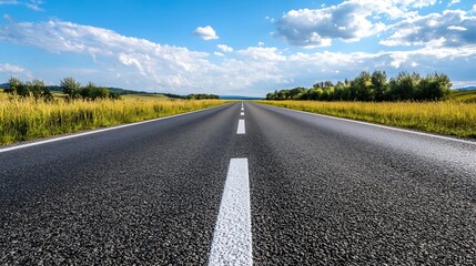 Aufkleber - Panoramic view of an open highway stretching into a vibrant landscape under a bright blue sky : Generative AI