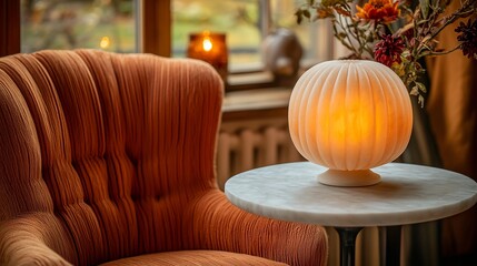 Poster - Warm autumn light illuminates alabaster lamp on table beside armchair