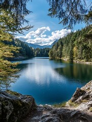 Poster - Scenic Lake View Surrounded by Lush Green Forest Under a Bright Blue Sky : Generative AI