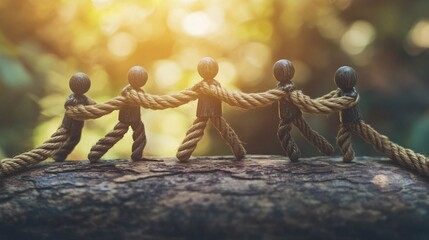 Poster - Wooden figures holding each other tight with rope on blurred background