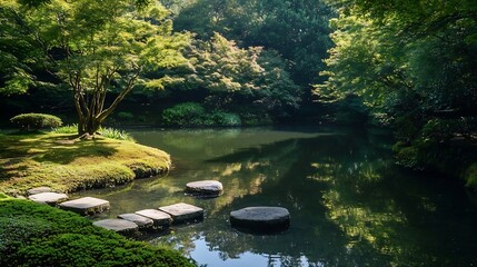 Poster - Serene Garden Oasis with Tranquil Water Reflection and Lush Greenery : Generative AI