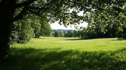 Poster - Lush Green Meadow Under Bright Sunlight Capturing the Essence of Nature's Beauty : Generative AI