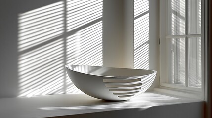 Aufkleber - White bowl, sunlit windowsill, minimalist interior, home decor