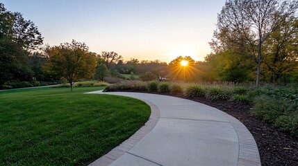 Aufkleber - Scenic park pathway during sunset with bright sun rays illuminating the green landscape : Generative AI