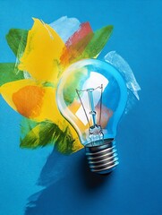 Poster - Artistic Light Bulb Surrounded by Colorful Paint Splashes on Blue : Generative AI