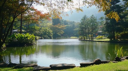 Poster - Serene lakeside view with lush greenery and autumn colors reflecting on the water surface : Generative AI