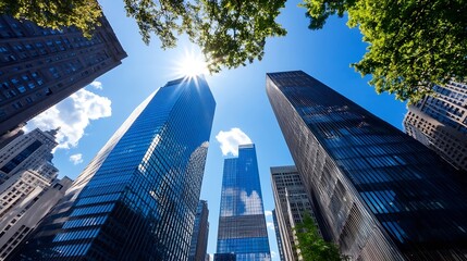 Aufkleber - Stunning Skyscrapers Reaching Up to Bright Blue Sky in Urban Landscape : Generative AI