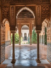 Leinwandbilder - Stunning view of ornate architecture and majestic courtyard captured through beautiful arches : Generative AI
