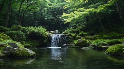 Poster - Lush Green Forest with Tranquil Waterfall and Crystal Clear Pond Surrounded by Terra Cotta Rocks : Generative AI
